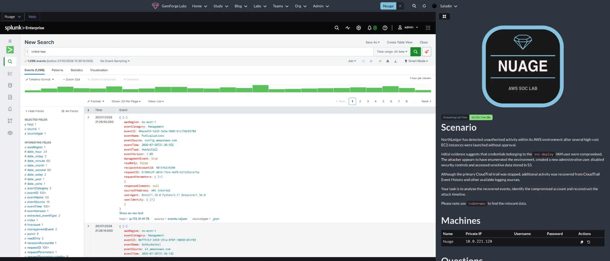 Splunk search results alongside a GemForge Labs AWS SOC lab scenario